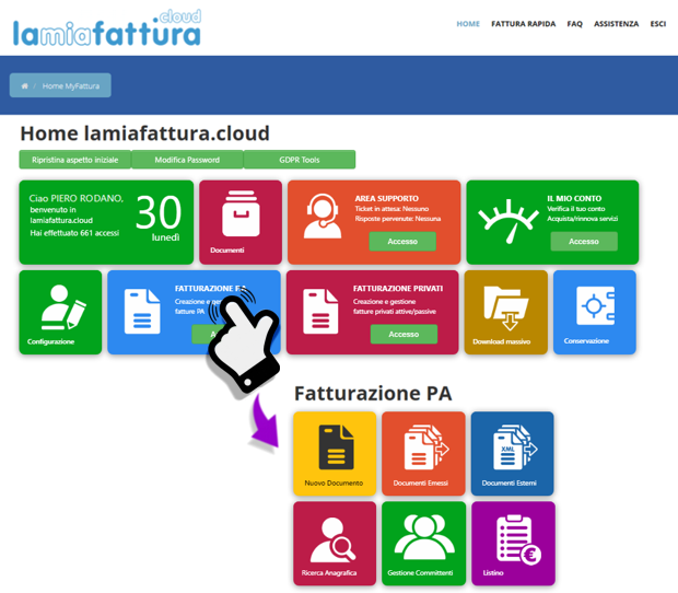 pannello di controllo del servizio di fatturazione elettronica